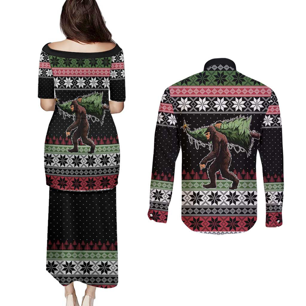 Funny Bigfoot Christmas Couples Matching Puletasi and Long Sleeve Button Shirt Xmas Holiday Patterns - Wonder Print Shop
