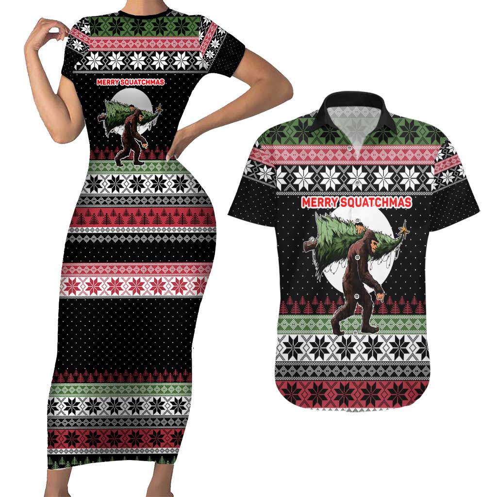 Funny Bigfoot Christmas Couples Matching Short Sleeve Bodycon Dress and Hawaiian Shirt Xmas Holiday Patterns - Wonder Print Shop