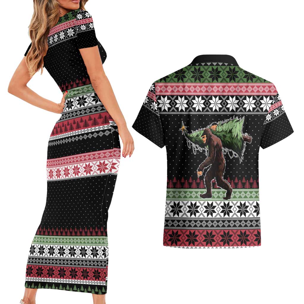 Funny Bigfoot Christmas Couples Matching Short Sleeve Bodycon Dress and Hawaiian Shirt Xmas Holiday Patterns - Wonder Print Shop