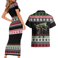 Funny Bigfoot Christmas Couples Matching Short Sleeve Bodycon Dress and Hawaiian Shirt Xmas Holiday Patterns - Wonder Print Shop