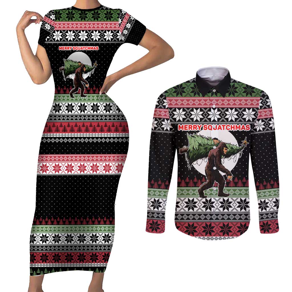 Funny Bigfoot Christmas Couples Matching Short Sleeve Bodycon Dress and Long Sleeve Button Shirt Xmas Holiday Patterns - Wonder Print Shop