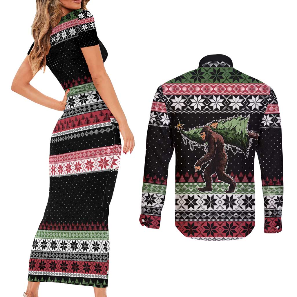 Funny Bigfoot Christmas Couples Matching Short Sleeve Bodycon Dress and Long Sleeve Button Shirt Xmas Holiday Patterns - Wonder Print Shop
