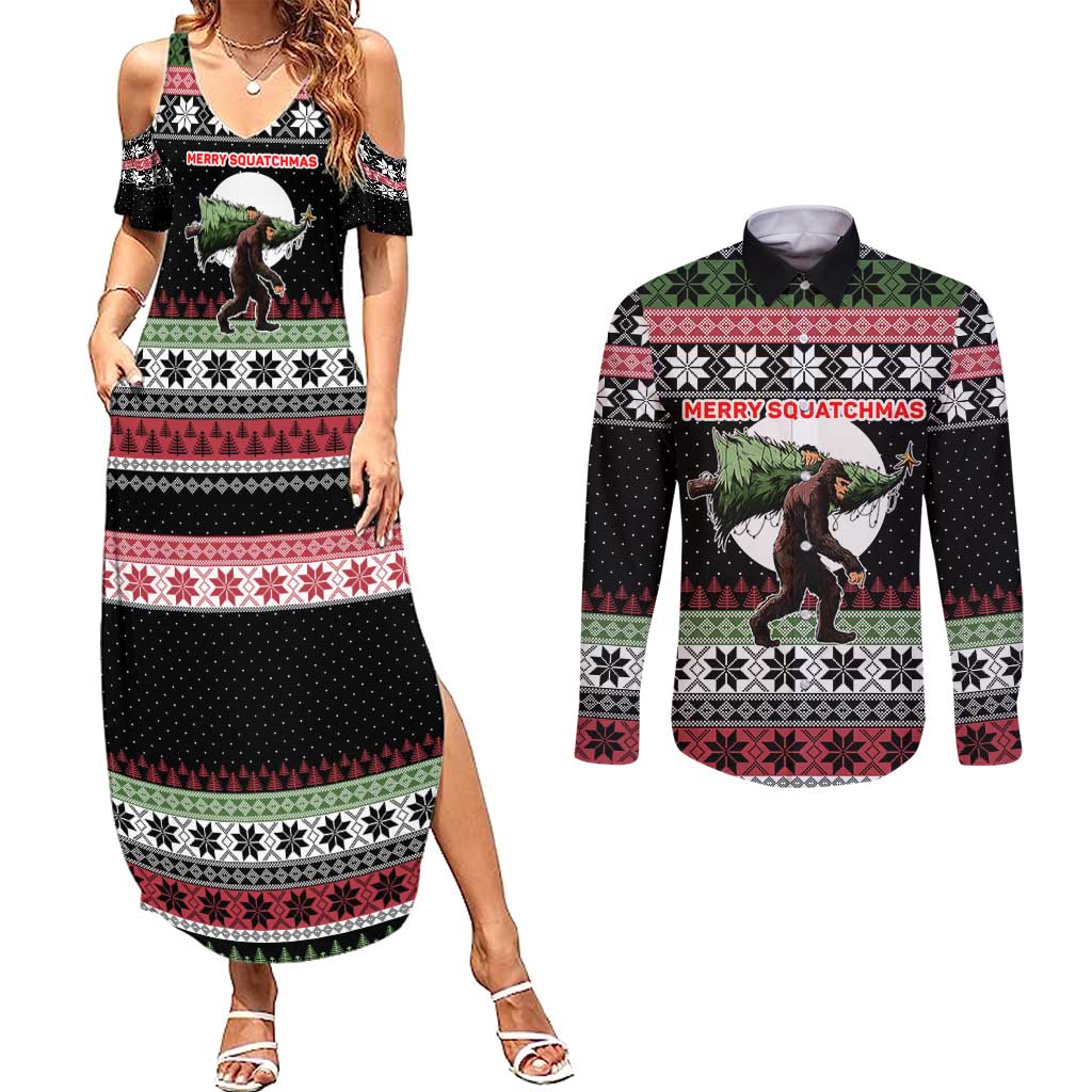 Funny Bigfoot Christmas Couples Matching Summer Maxi Dress and Long Sleeve Button Shirt Xmas Holiday Patterns - Wonder Print Shop