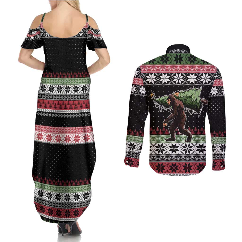 Funny Bigfoot Christmas Couples Matching Summer Maxi Dress and Long Sleeve Button Shirt Xmas Holiday Patterns - Wonder Print Shop