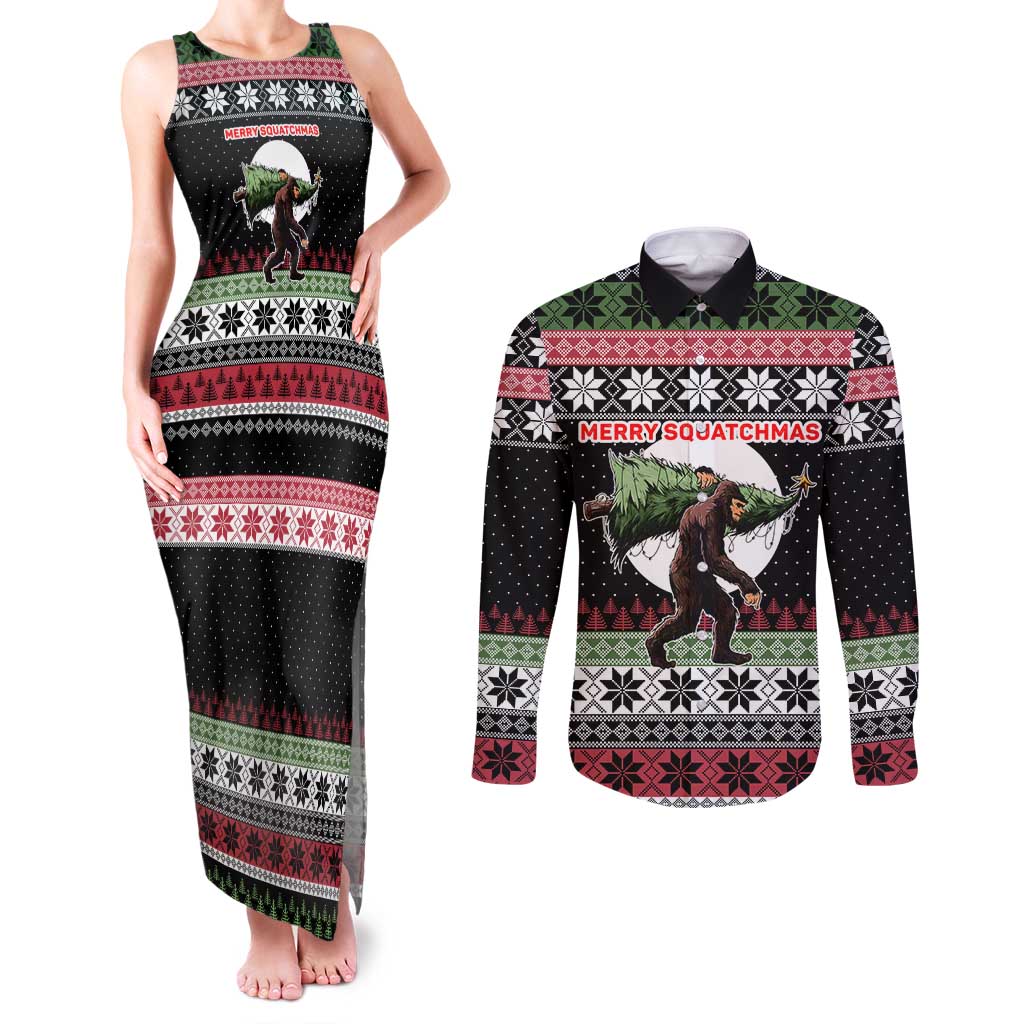 Funny Bigfoot Christmas Couples Matching Tank Maxi Dress and Long Sleeve Button Shirt Xmas Holiday Patterns - Wonder Print Shop