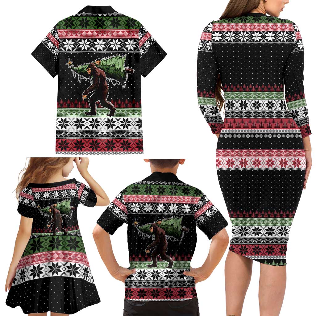 Funny Bigfoot Christmas Family Matching Long Sleeve Bodycon Dress and Hawaiian Shirt Xmas Holiday Patterns - Wonder Print Shop