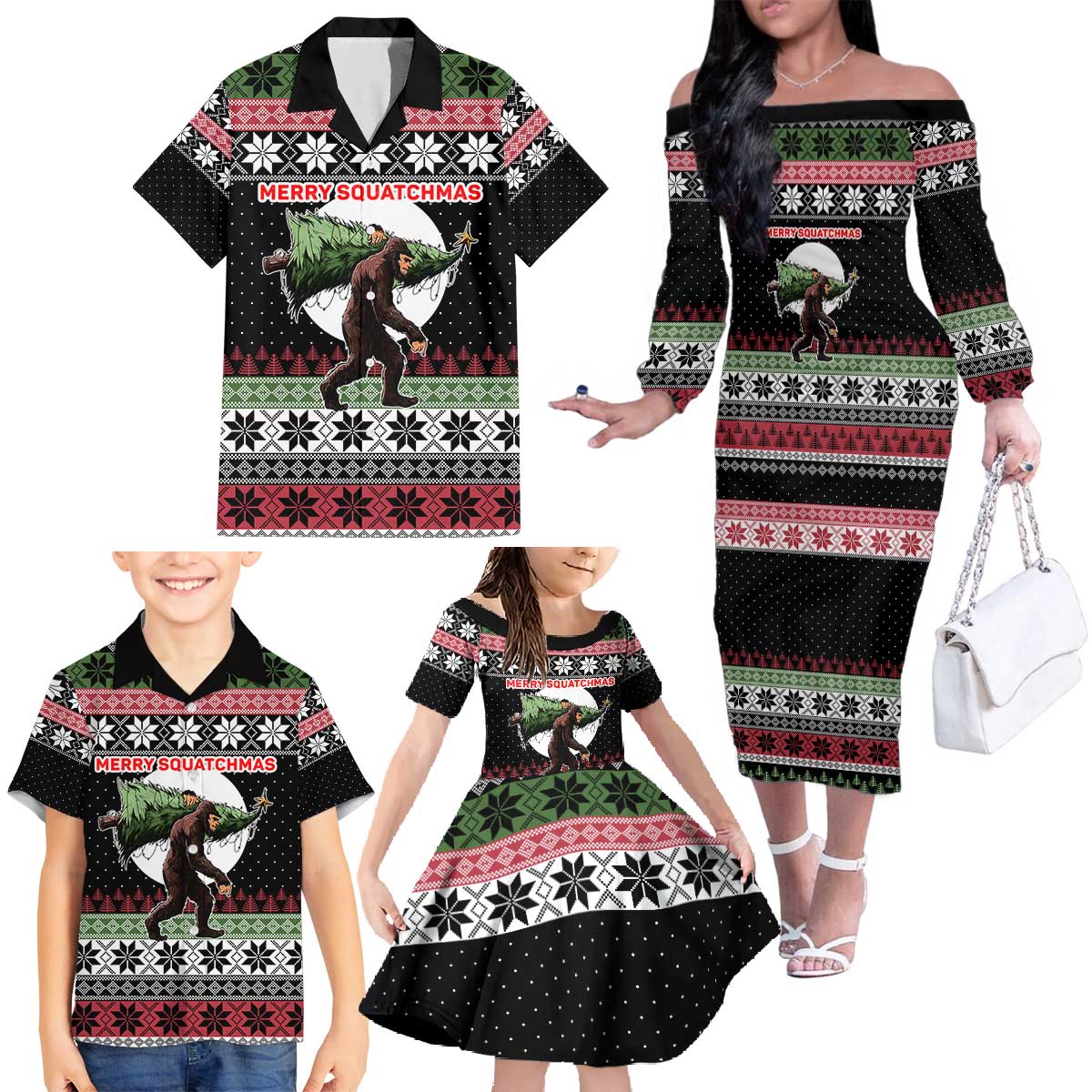 Funny Bigfoot Christmas Family Matching Off The Shoulder Long Sleeve Dress and Hawaiian Shirt Xmas Holiday Patterns - Wonder Print Shop