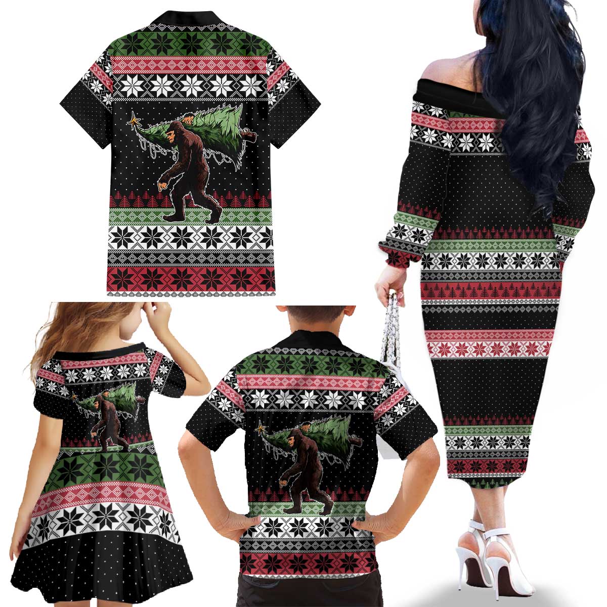 Funny Bigfoot Christmas Family Matching Off The Shoulder Long Sleeve Dress and Hawaiian Shirt Xmas Holiday Patterns - Wonder Print Shop