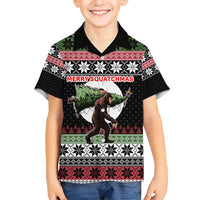 Funny Bigfoot Christmas Family Matching Short Sleeve Bodycon Dress and Hawaiian Shirt Xmas Holiday Patterns - Wonder Print Shop