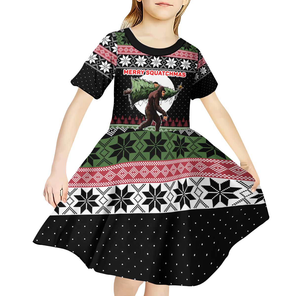 Funny Bigfoot Christmas Kid Short Sleeve Dress Xmas Holiday Patterns - Wonder Print Shop