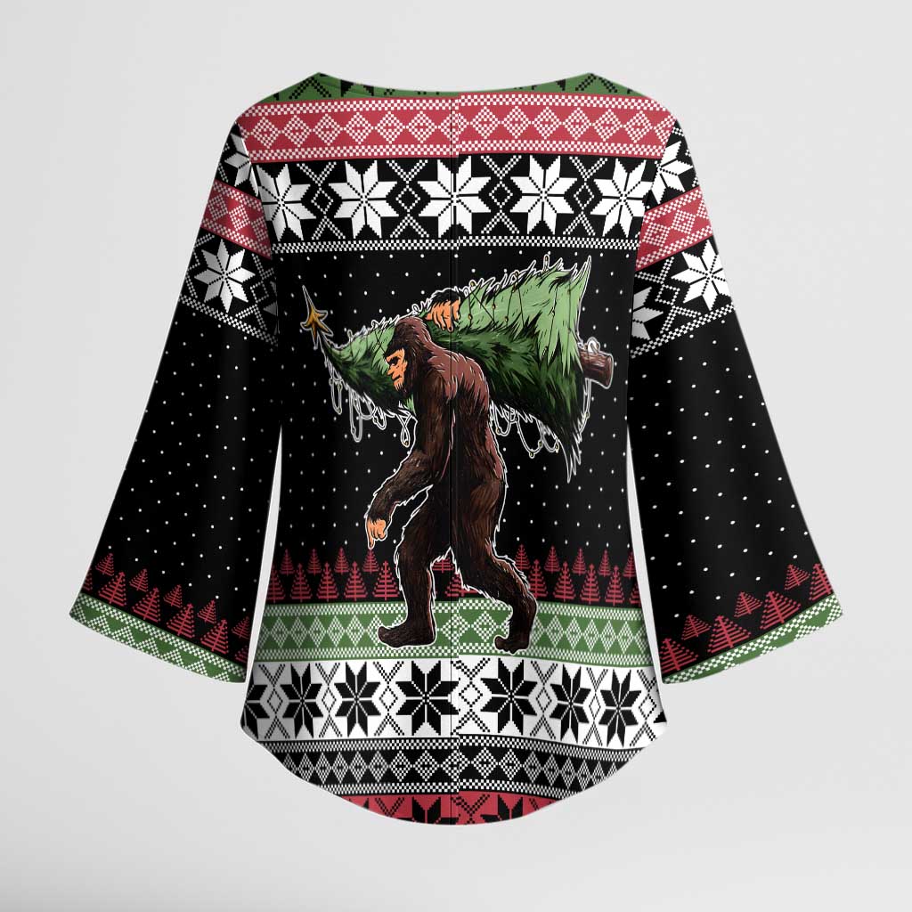 Funny Bigfoot Christmas Kimono Sleeve Blouse Xmas Holiday Patterns - Wonder Print Shop
