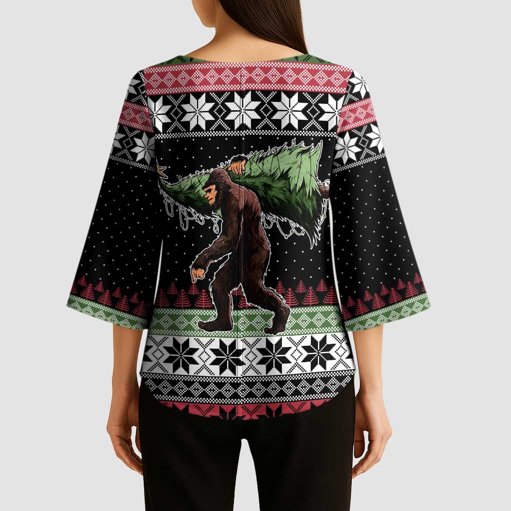 Funny Bigfoot Christmas Kimono Sleeve Blouse Xmas Holiday Patterns - Wonder Print Shop