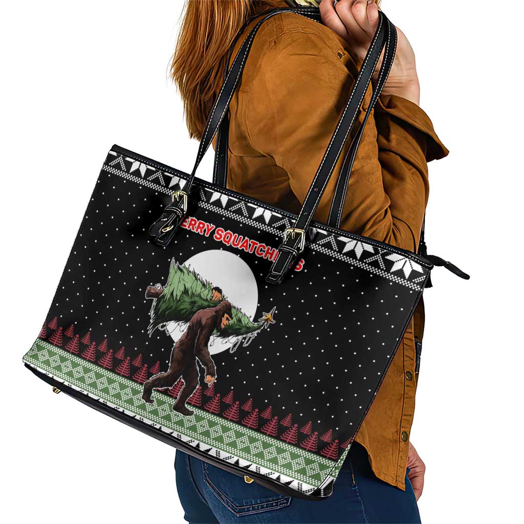 Funny Bigfoot Christmas Leather Tote Bag Xmas Holiday Patterns - Wonder Print Shop