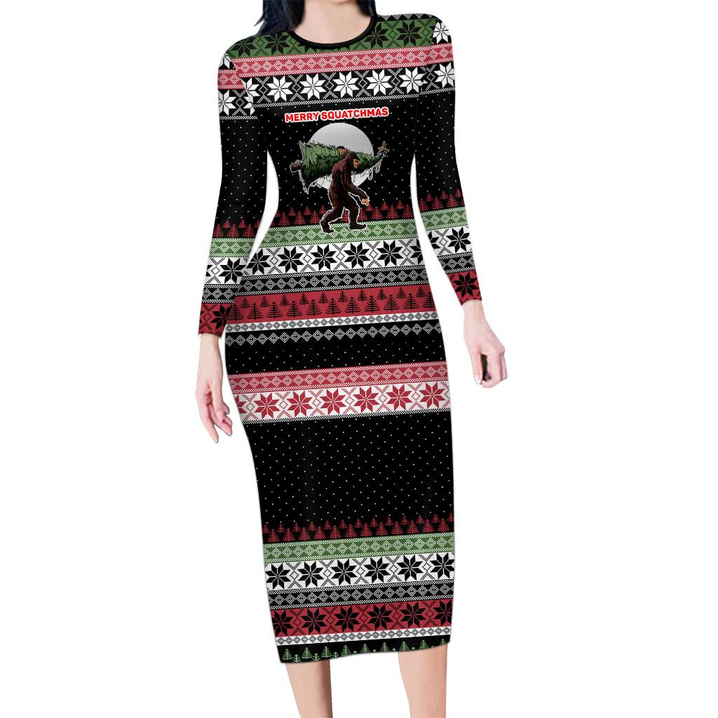 Funny Bigfoot Christmas Long Sleeve Bodycon Dress Xmas Holiday Patterns - Wonder Print Shop