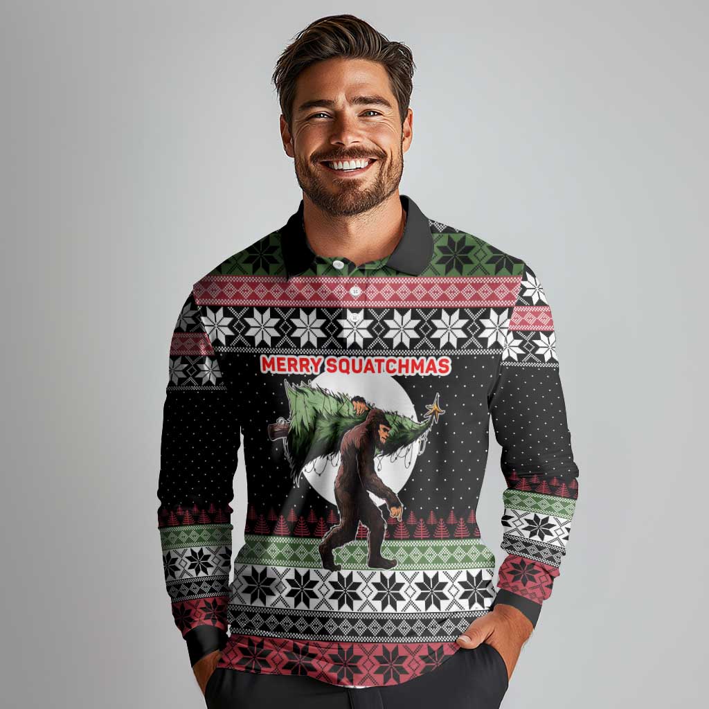 Funny Bigfoot Christmas Long Sleeve Polo Shirt Xmas Holiday Patterns - Wonder Print Shop