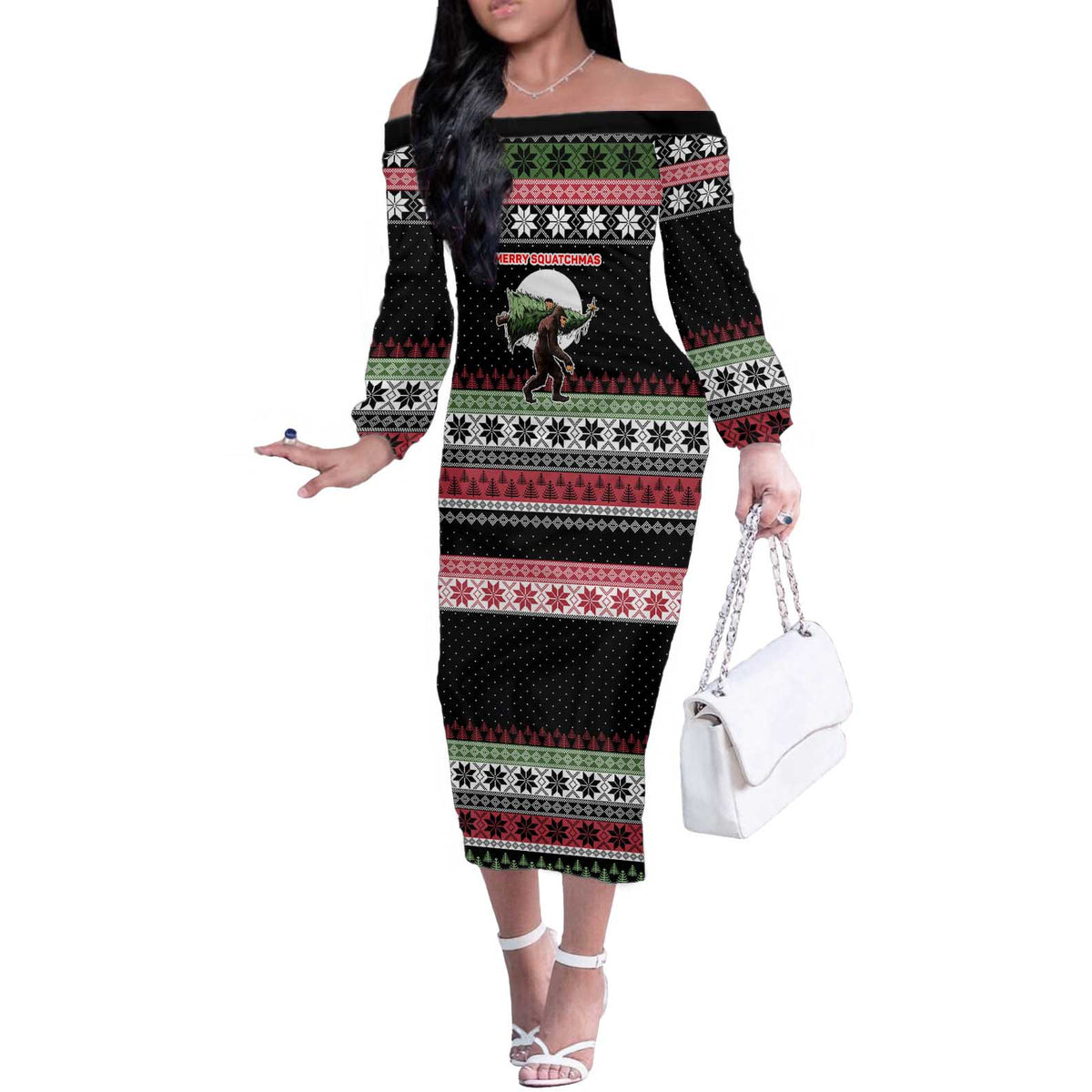 Funny Bigfoot Christmas Off The Shoulder Long Sleeve Dress Xmas Holiday Patterns - Wonder Print Shop