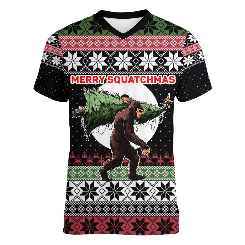 Funny Bigfoot Christmas Women V-Neck T-Shirt Xmas Holiday Patterns - Wonder Print Shop