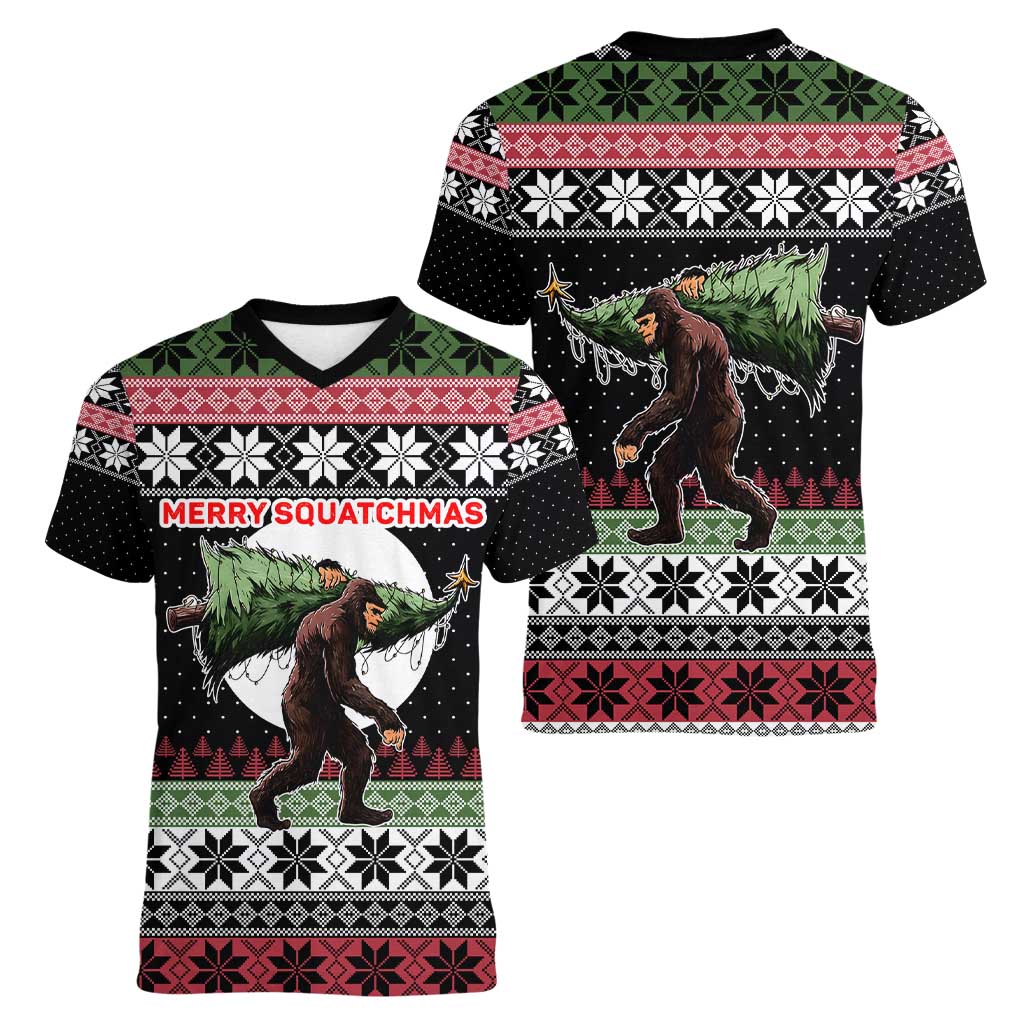 Funny Bigfoot Christmas Women V-Neck T-Shirt Xmas Holiday Patterns - Wonder Print Shop