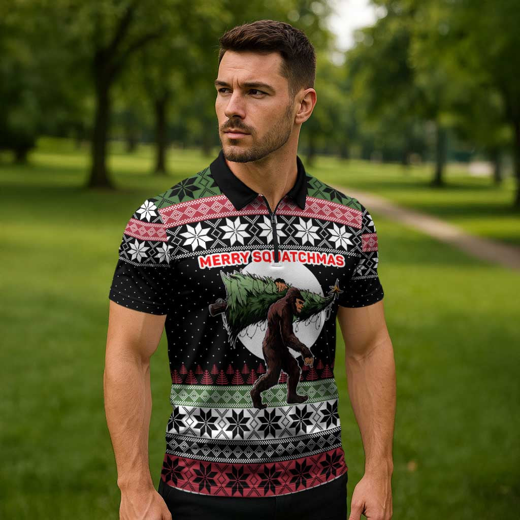 Funny Bigfoot Christmas Zipper Polo Shirt Xmas Holiday Patterns - Wonder Print Shop