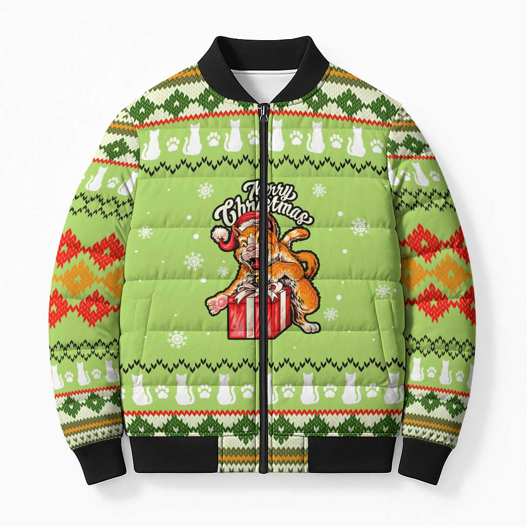 Funny Cat Merry Christmas Bomber Puffer Jacket Xmas Holiday Patterns - Wonder Print Shop