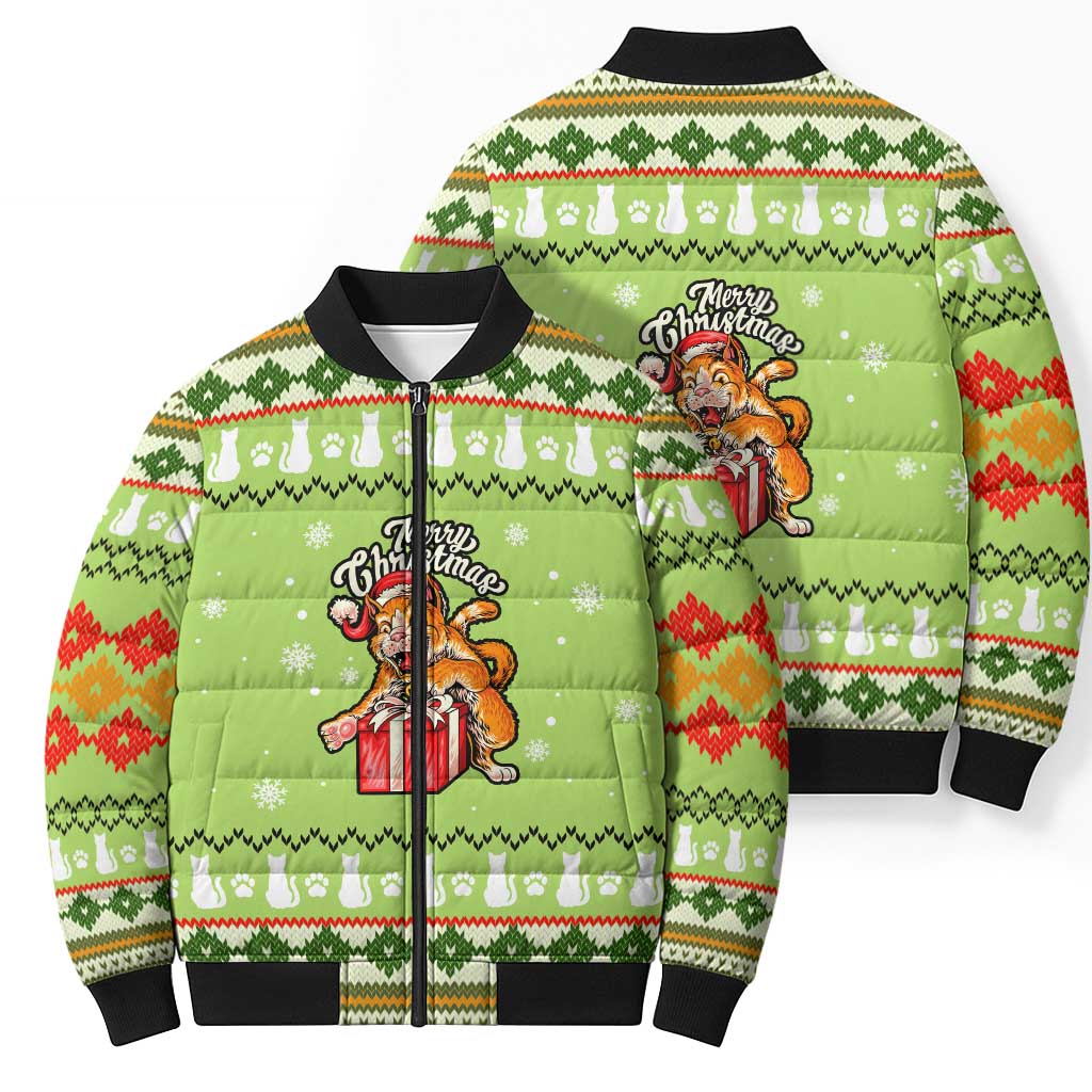 Funny Cat Merry Christmas Bomber Puffer Jacket Xmas Holiday Patterns - Wonder Print Shop