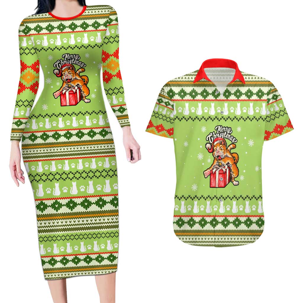 Funny Cat Merry Christmas Couples Matching Long Sleeve Bodycon Dress and Hawaiian Shirt Xmas Holiday Patterns - Wonder Print Shop