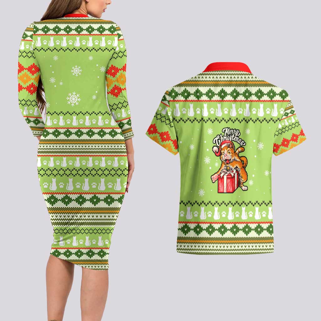 Funny Cat Merry Christmas Couples Matching Long Sleeve Bodycon Dress and Hawaiian Shirt Xmas Holiday Patterns - Wonder Print Shop