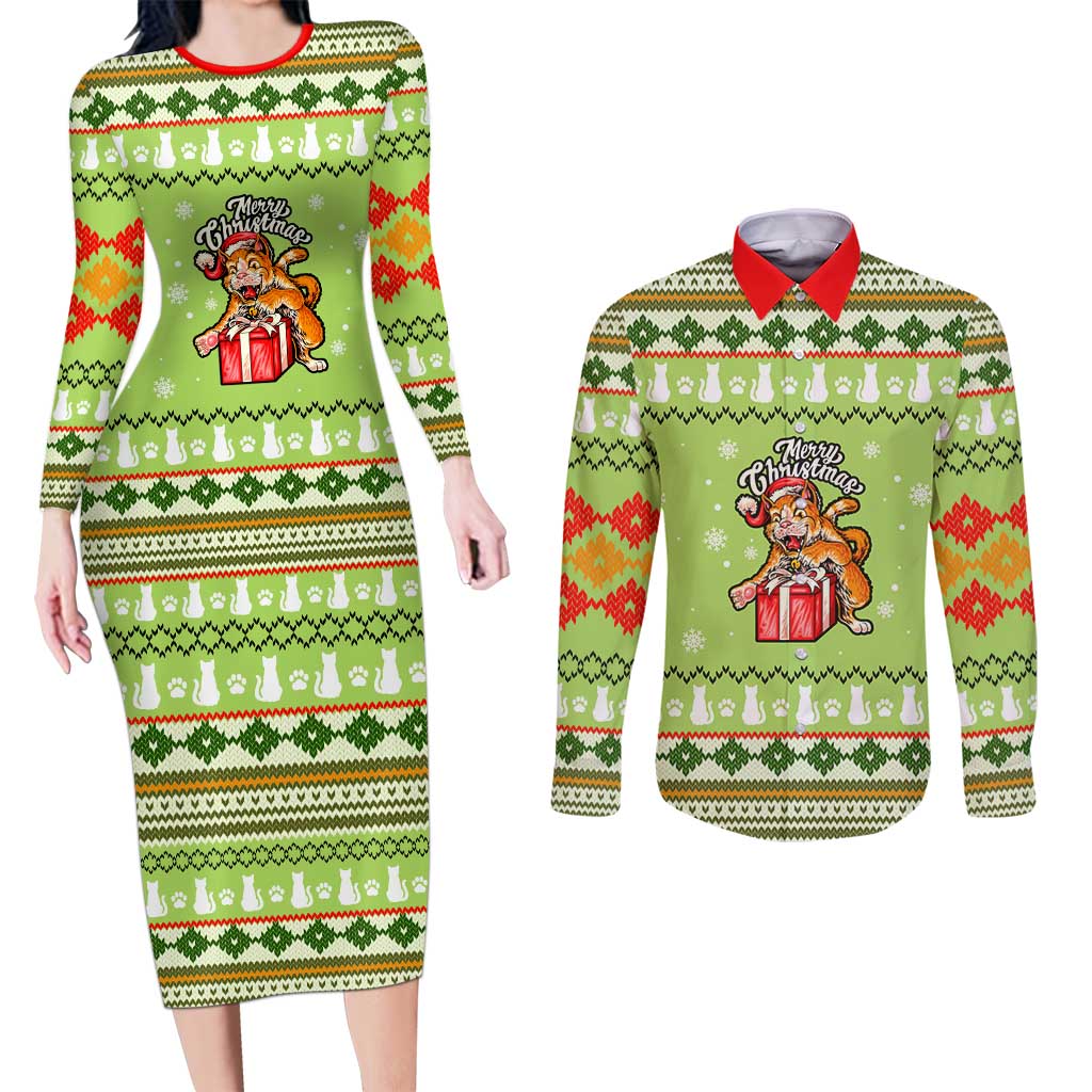 Funny Cat Merry Christmas Couples Matching Long Sleeve Bodycon Dress and Long Sleeve Button Shirt Xmas Holiday Patterns - Wonder Print Shop