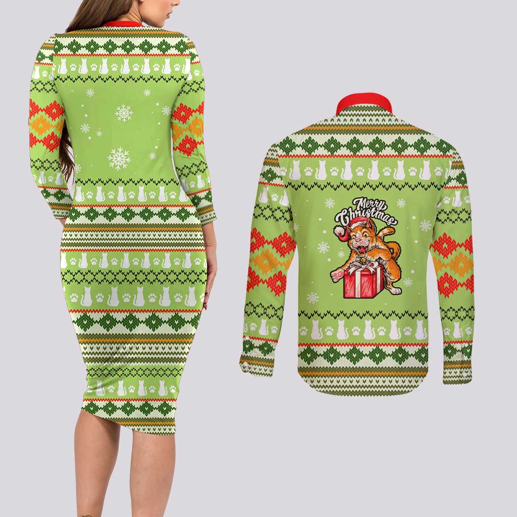 Funny Cat Merry Christmas Couples Matching Long Sleeve Bodycon Dress and Long Sleeve Button Shirt Xmas Holiday Patterns - Wonder Print Shop