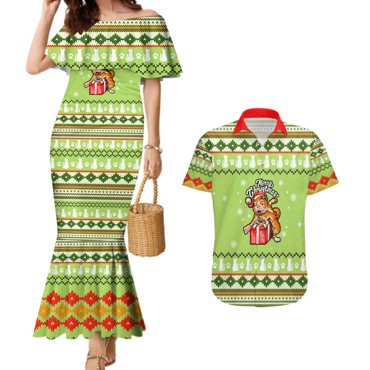 Funny Cat Merry Christmas Couples Matching Mermaid Dress and Hawaiian Shirt Xmas Holiday Patterns - Wonder Print Shop