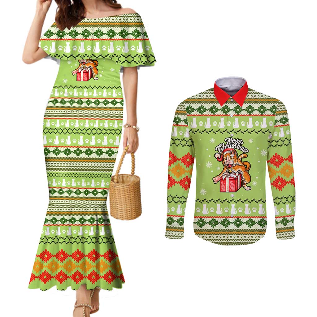 Funny Cat Merry Christmas Couples Matching Mermaid Dress and Long Sleeve Button Shirt Xmas Holiday Patterns - Wonder Print Shop