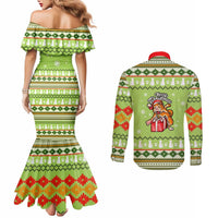 Funny Cat Merry Christmas Couples Matching Mermaid Dress and Long Sleeve Button Shirt Xmas Holiday Patterns - Wonder Print Shop