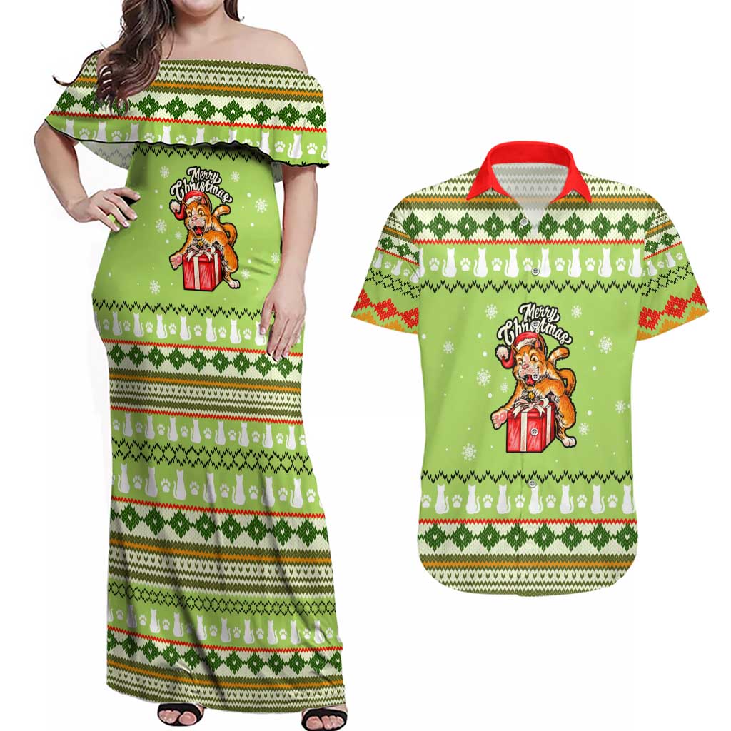 Funny Cat Merry Christmas Couples Matching Off Shoulder Maxi Dress and Hawaiian Shirt Xmas Holiday Patterns - Wonder Print Shop