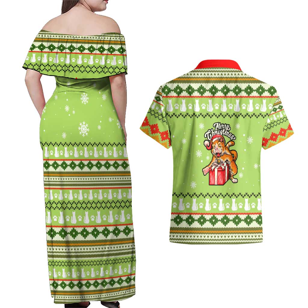 Funny Cat Merry Christmas Couples Matching Off Shoulder Maxi Dress and Hawaiian Shirt Xmas Holiday Patterns - Wonder Print Shop