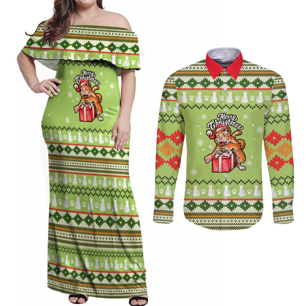 Funny Cat Merry Christmas Couples Matching Off Shoulder Maxi Dress and Long Sleeve Button Shirt Xmas Holiday Patterns - Wonder Print Shop