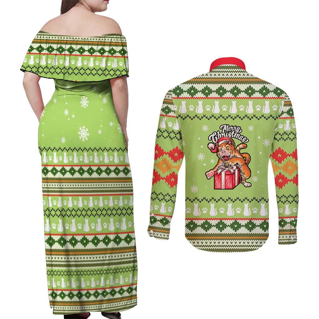 Funny Cat Merry Christmas Couples Matching Off Shoulder Maxi Dress and Long Sleeve Button Shirt Xmas Holiday Patterns - Wonder Print Shop