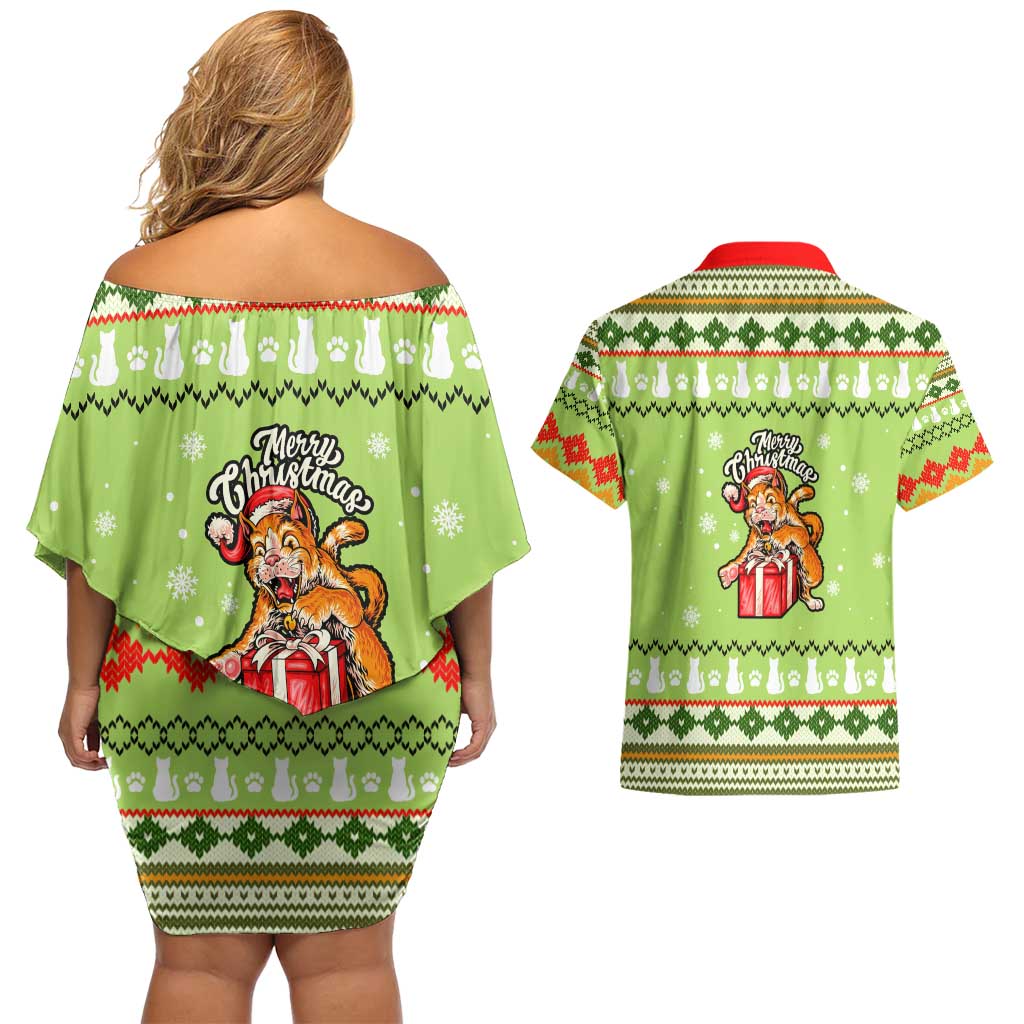 Funny Cat Merry Christmas Couples Matching Off Shoulder Short Dress and Hawaiian Shirt Xmas Holiday Patterns - Wonder Print Shop