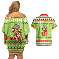 Funny Cat Merry Christmas Couples Matching Off Shoulder Short Dress and Hawaiian Shirt Xmas Holiday Patterns - Wonder Print Shop
