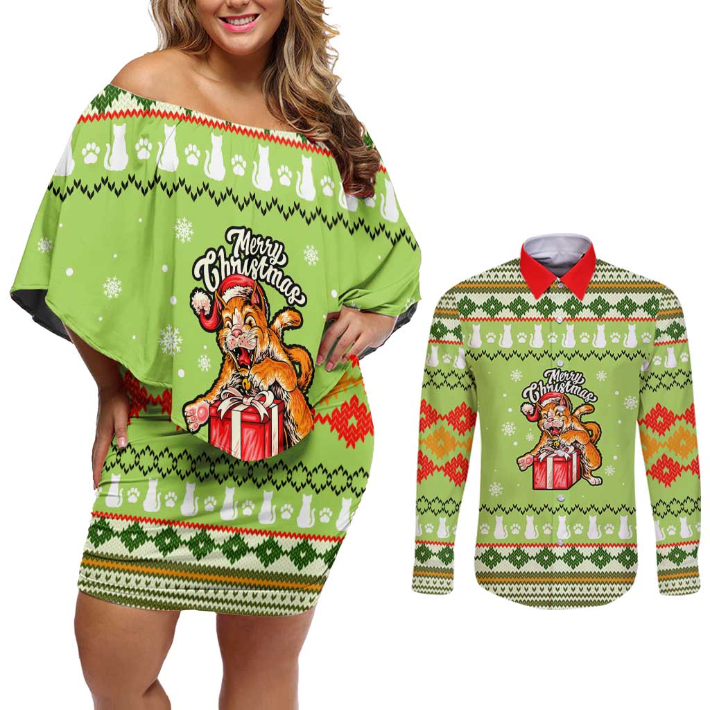 Funny Cat Merry Christmas Couples Matching Off Shoulder Short Dress and Long Sleeve Button Shirt Xmas Holiday Patterns - Wonder Print Shop
