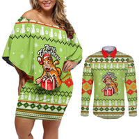 Funny Cat Merry Christmas Couples Matching Off Shoulder Short Dress and Long Sleeve Button Shirt Xmas Holiday Patterns - Wonder Print Shop