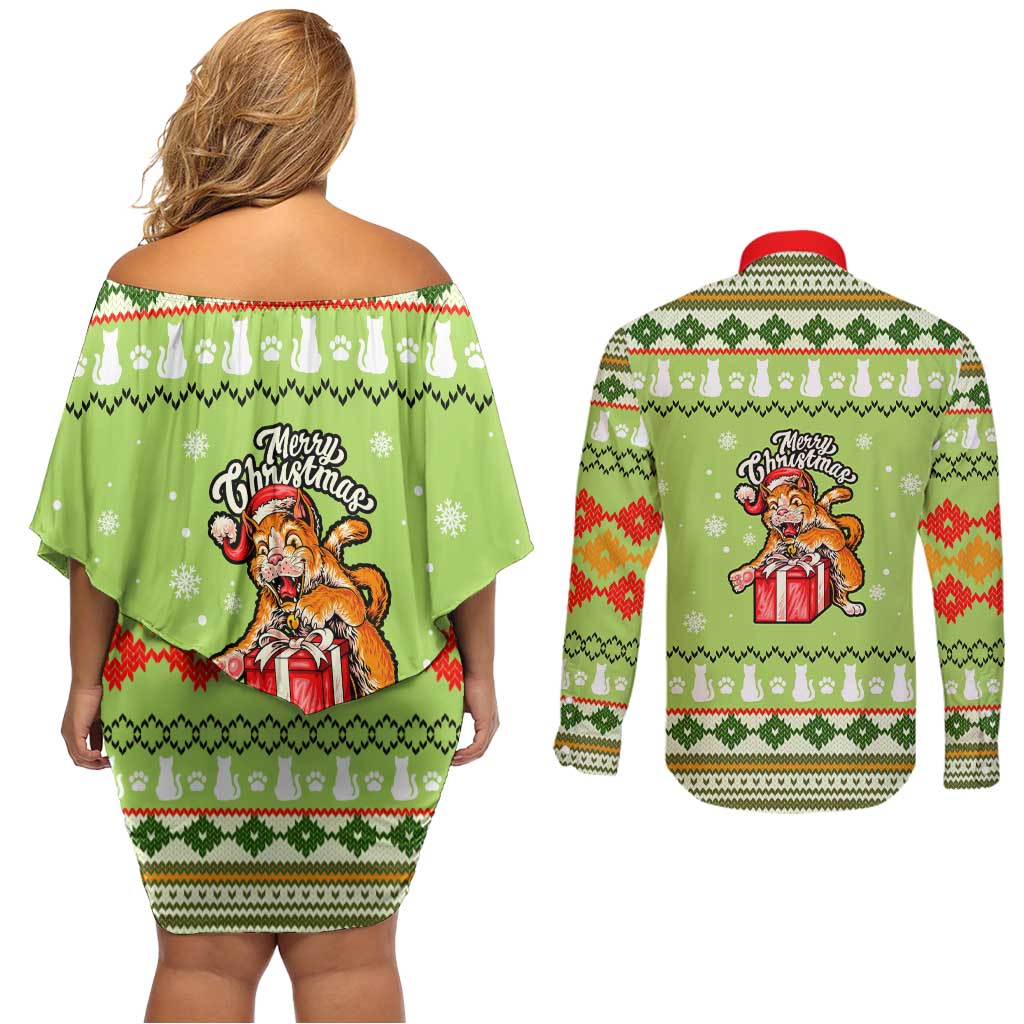 Funny Cat Merry Christmas Couples Matching Off Shoulder Short Dress and Long Sleeve Button Shirt Xmas Holiday Patterns - Wonder Print Shop