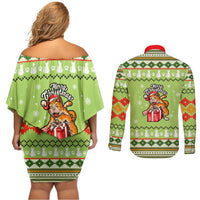 Funny Cat Merry Christmas Couples Matching Off Shoulder Short Dress and Long Sleeve Button Shirt Xmas Holiday Patterns - Wonder Print Shop