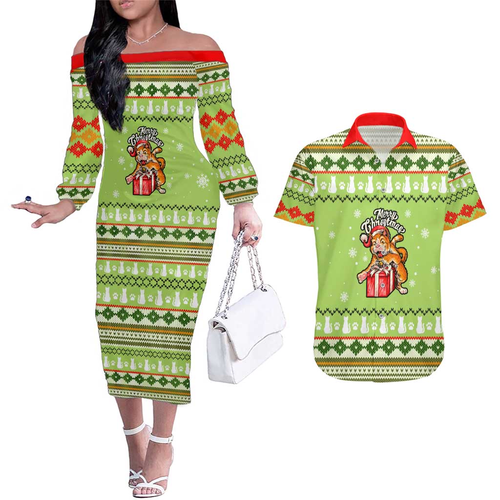 Funny Cat Merry Christmas Couples Matching Off The Shoulder Long Sleeve Dress and Hawaiian Shirt Xmas Holiday Patterns - Wonder Print Shop
