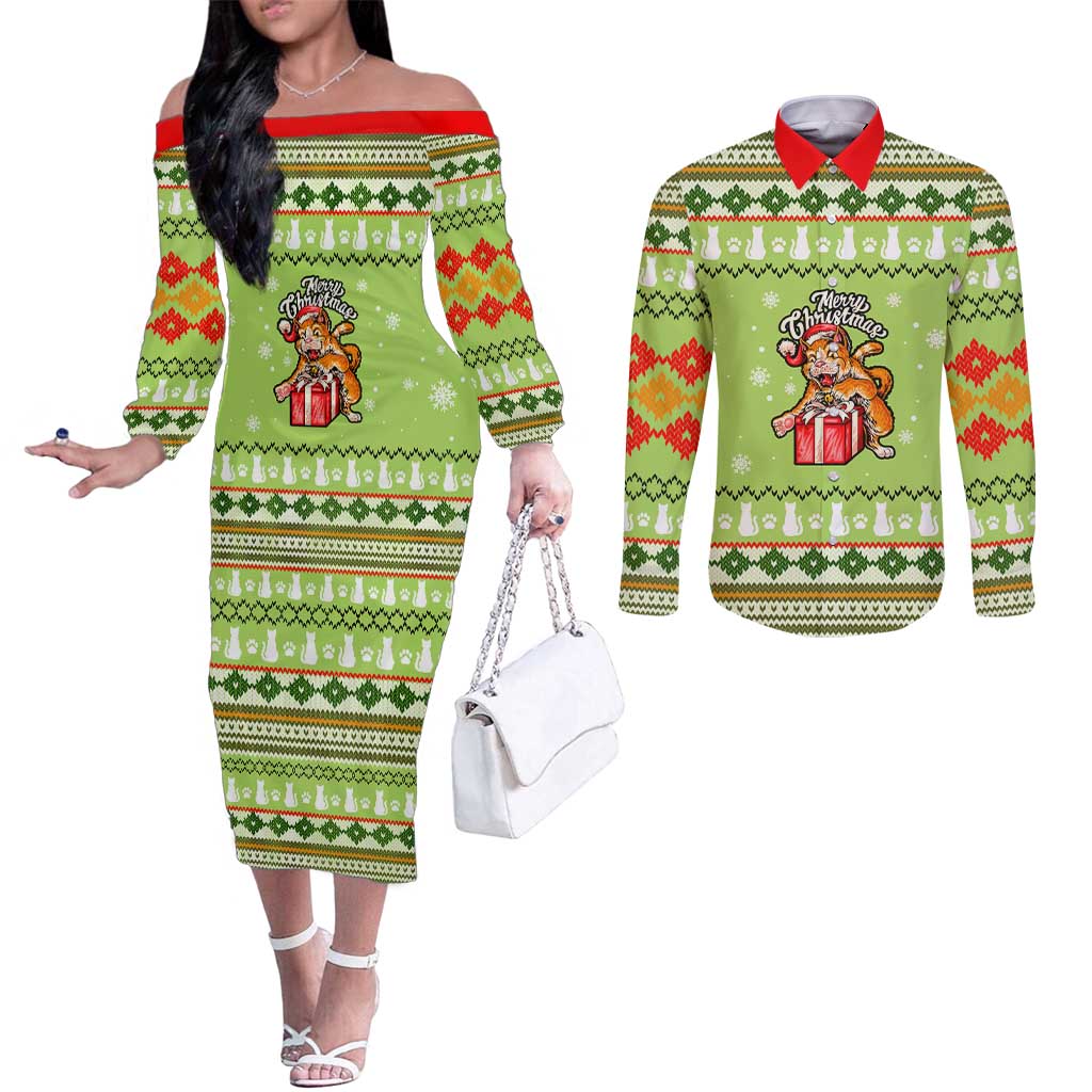 Funny Cat Merry Christmas Couples Matching Off The Shoulder Long Sleeve Dress and Long Sleeve Button Shirt Xmas Holiday Patterns - Wonder Print Shop