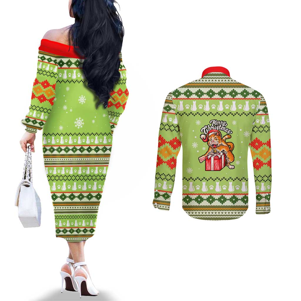 Funny Cat Merry Christmas Couples Matching Off The Shoulder Long Sleeve Dress and Long Sleeve Button Shirt Xmas Holiday Patterns - Wonder Print Shop