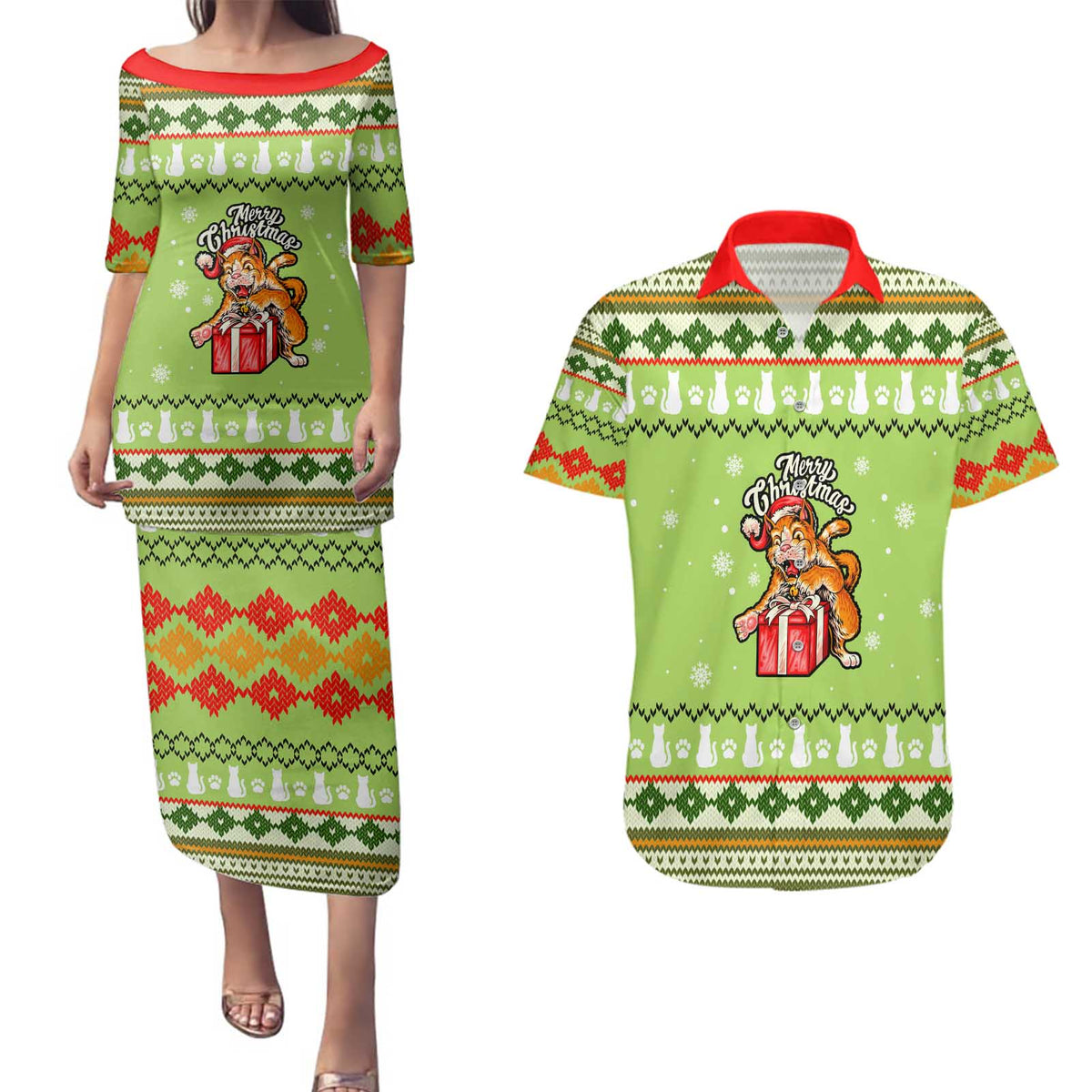 Funny Cat Merry Christmas Couples Matching Puletasi and Hawaiian Shirt Xmas Holiday Patterns - Wonder Print Shop
