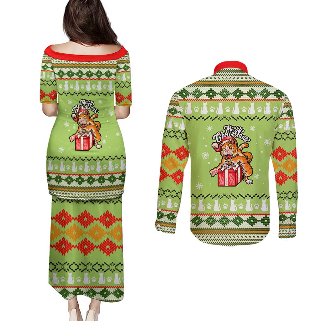 Funny Cat Merry Christmas Couples Matching Puletasi and Long Sleeve Button Shirt Xmas Holiday Patterns - Wonder Print Shop