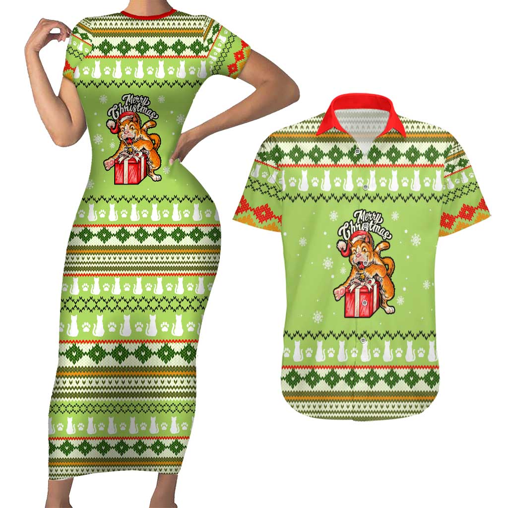 Funny Cat Merry Christmas Couples Matching Short Sleeve Bodycon Dress and Hawaiian Shirt Xmas Holiday Patterns - Wonder Print Shop