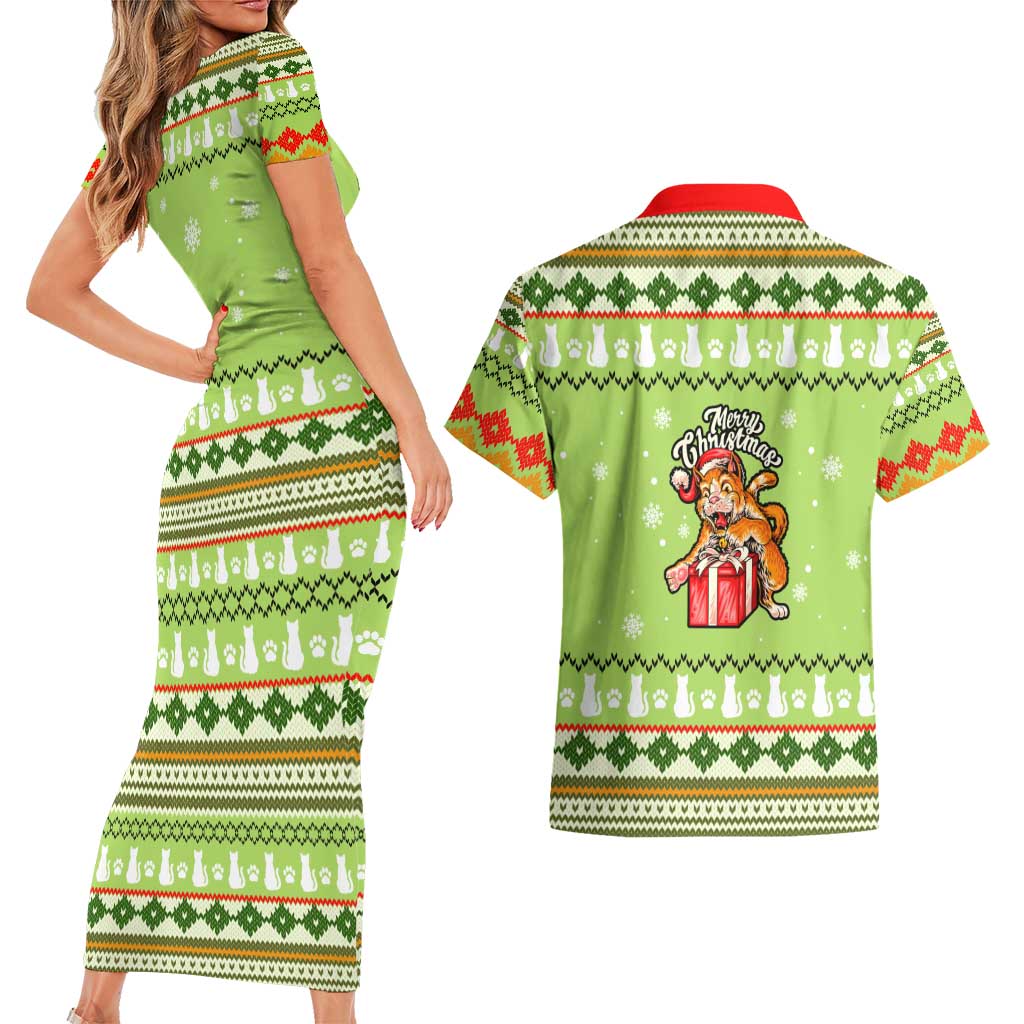 Funny Cat Merry Christmas Couples Matching Short Sleeve Bodycon Dress and Hawaiian Shirt Xmas Holiday Patterns - Wonder Print Shop