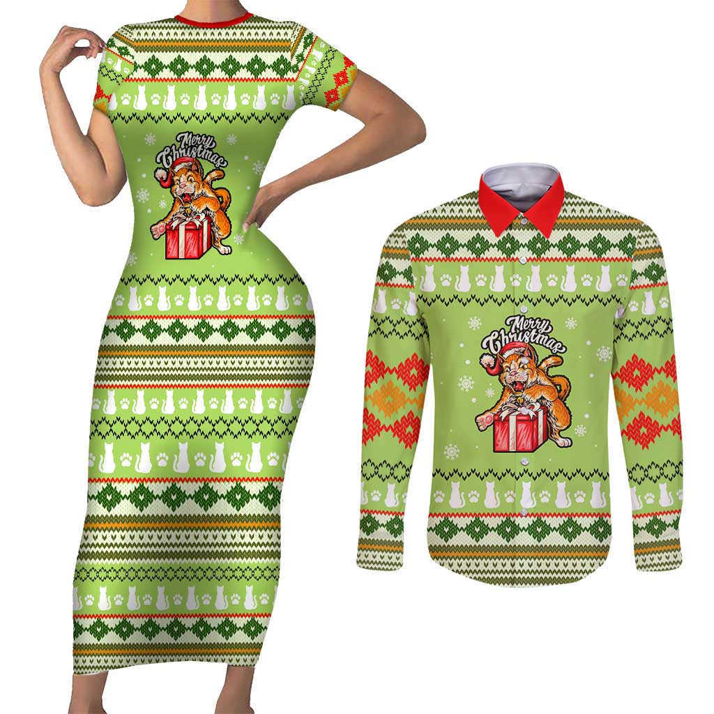 Funny Cat Merry Christmas Couples Matching Short Sleeve Bodycon Dress and Long Sleeve Button Shirt Xmas Holiday Patterns - Wonder Print Shop